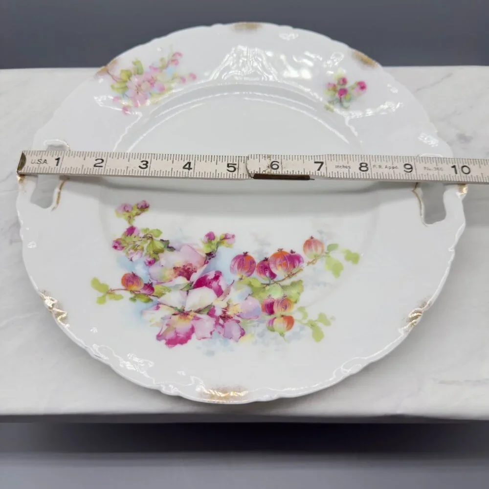 Vintage Porcelain Cake Plate Open Handles Pink White Roses Hand Painted Cottage